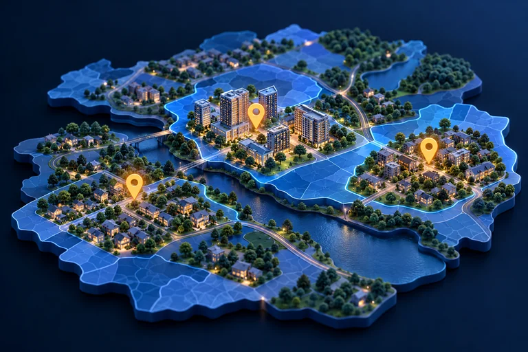 Konum işaretleri ve bölgelere ayrılmış üç boyutlu şehir haritası