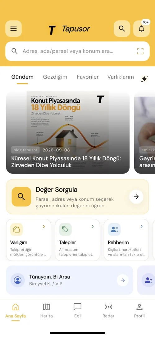 Tapusor ana ekranı · Mobil